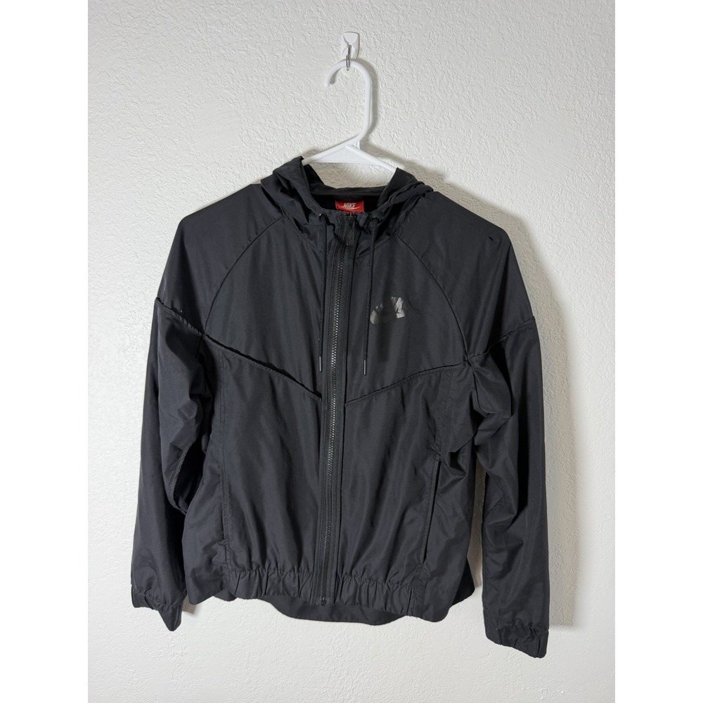 Nike Windbreaker Jacket Full Zip Black Hooded Logo Womens Size Small 883495-010